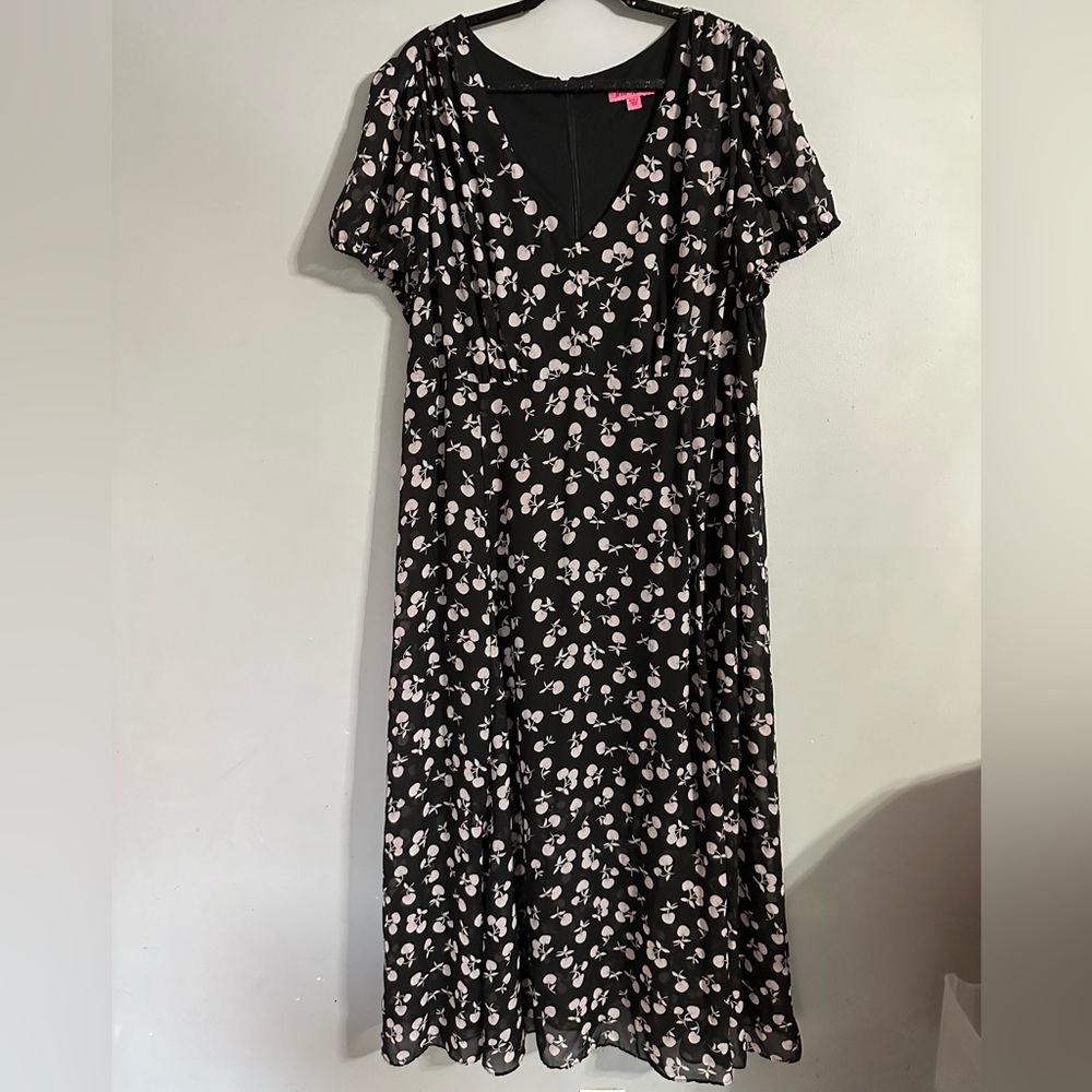 Betsy Johnson Cherry Pattern Black and White Short Sleeve Midi Dress